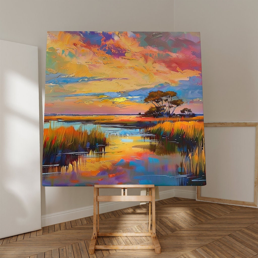Marsh Sunset Serenity: Impressionist Landscape with Tall Grass & Lone Tree | Serene & Vibrant Wall Art