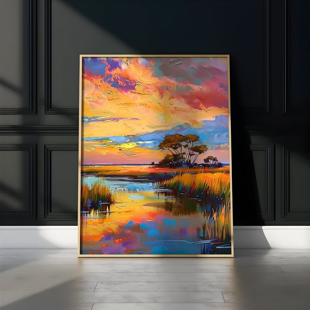 Marsh Sunset Serenity: Impressionist Landscape with Tall Grass & Lone Tree | Serene & Vibrant Wall Art