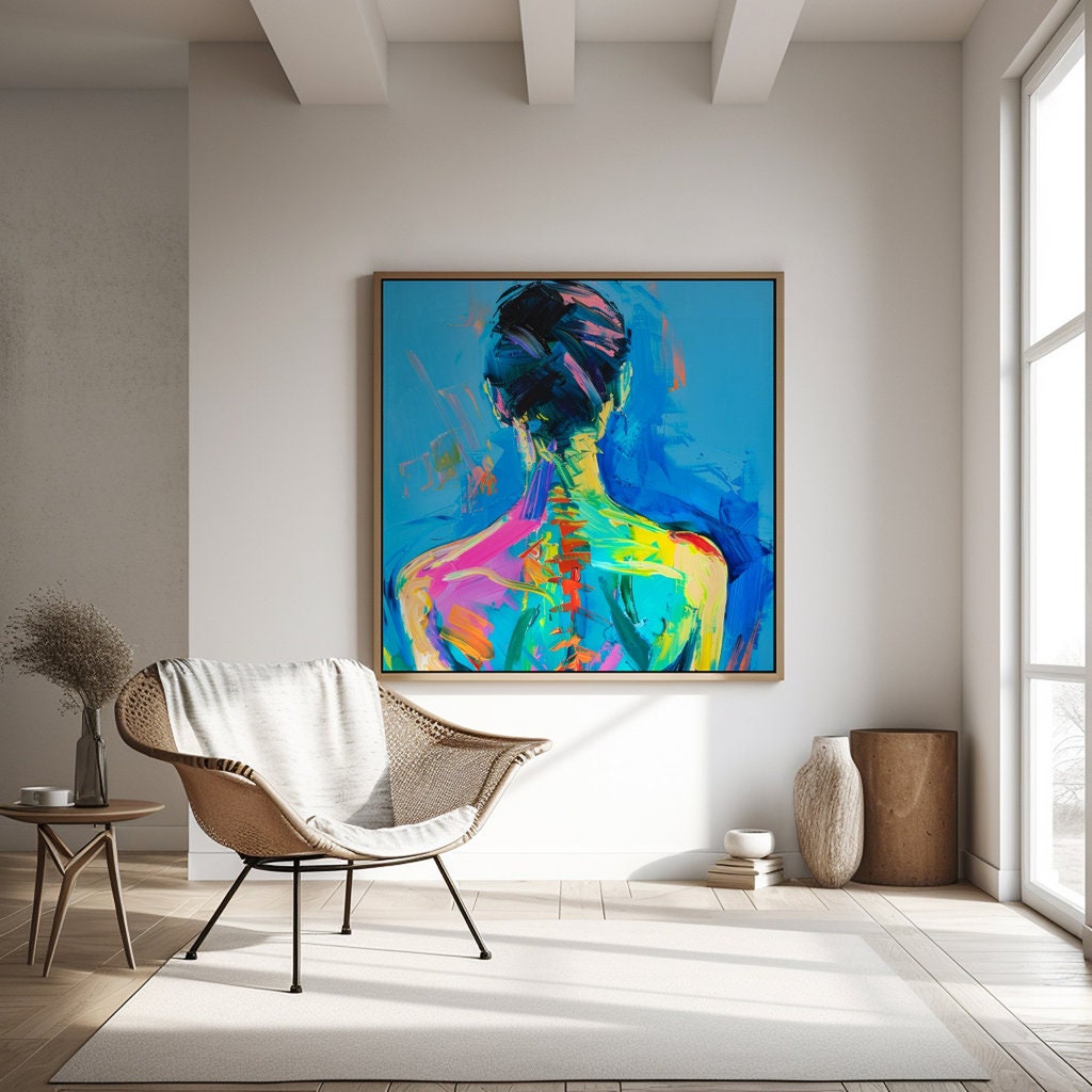 The Turn: Elegant Woman's Back Impasto Art | Modern & Expressive Blue Wall Decor