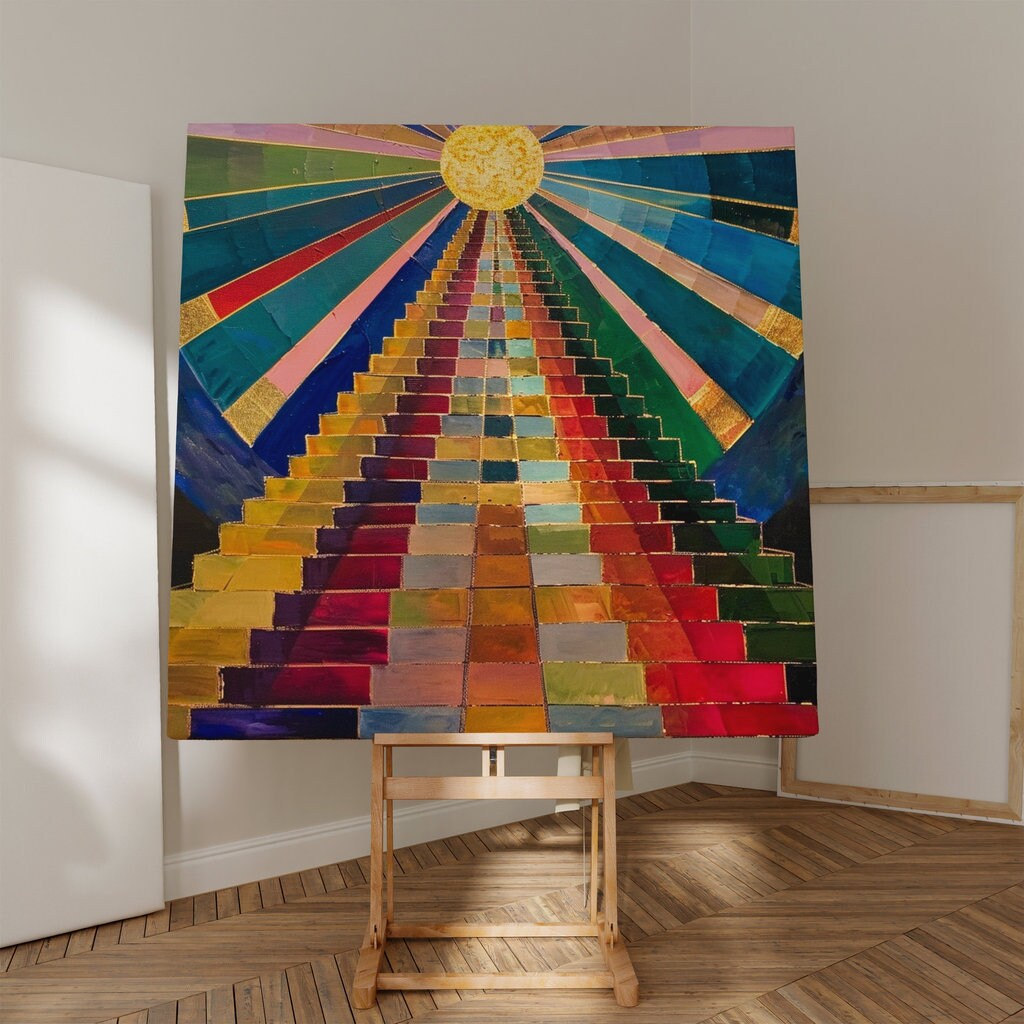 Stairway to Sunshine Abstract Colorful Staircase Ascending Bright Sun Interactive Wall Art