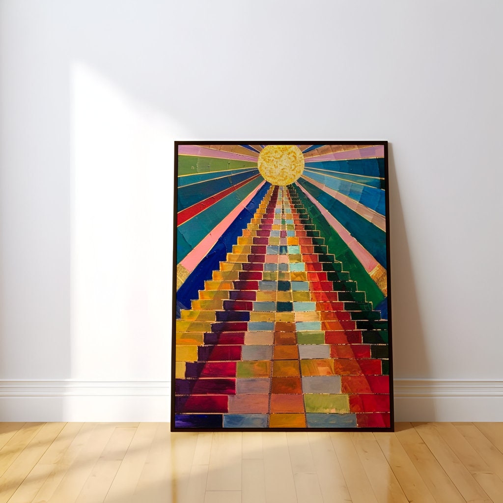 Stairway to Sunshine Abstract Colorful Staircase Ascending Bright Sun Interactive Wall Art