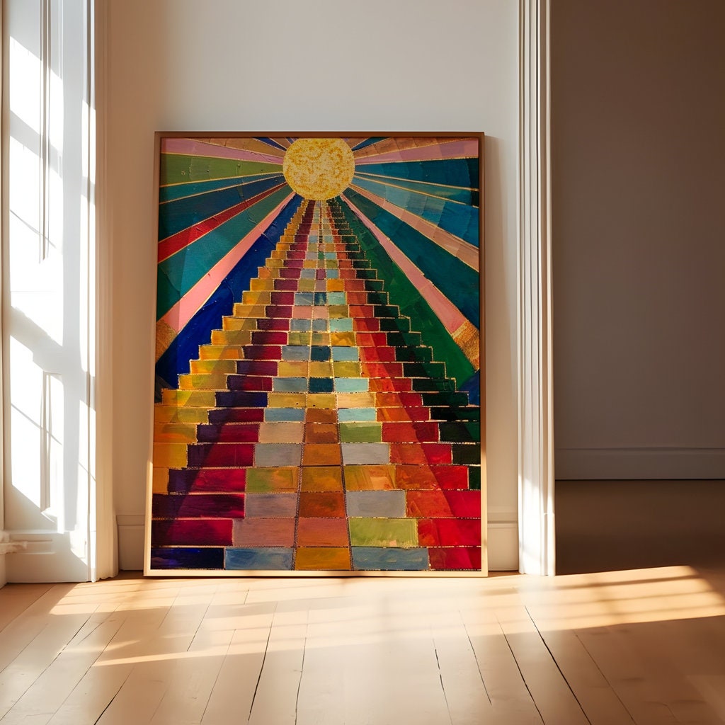 Stairway to Sunshine Abstract Colorful Staircase Ascending Bright Sun Interactive Wall Art