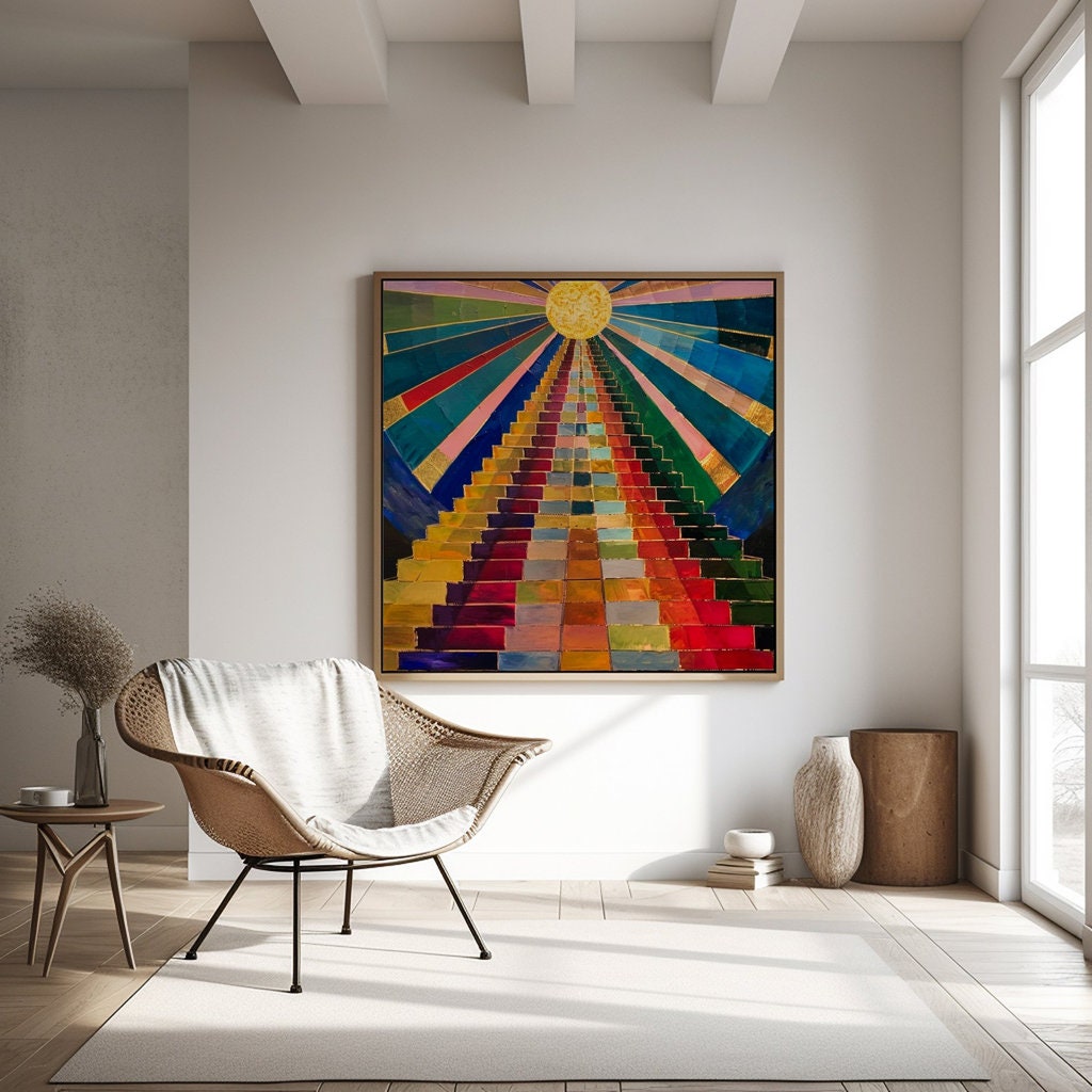 Stairway to Sunshine Abstract Colorful Staircase Ascending Bright Sun Interactive Wall Art