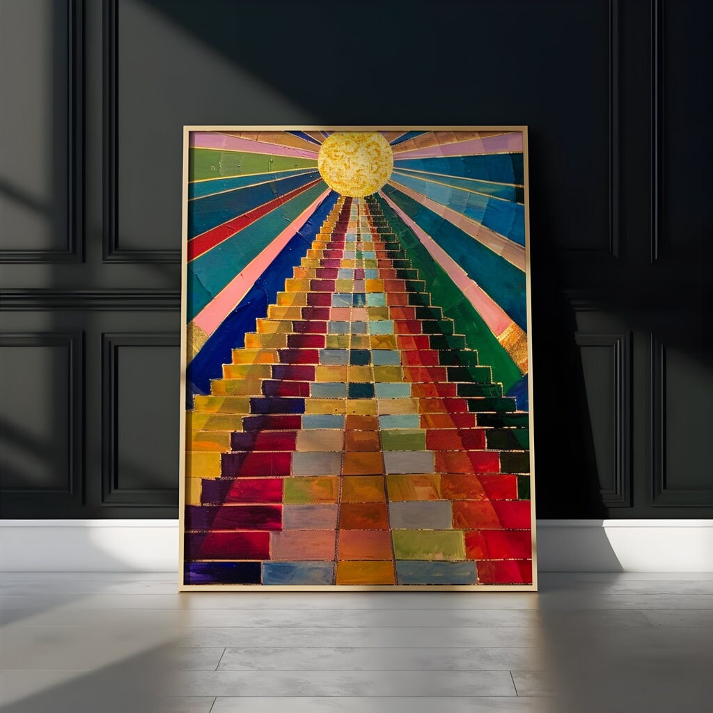 Stairway to Sunshine Abstract Colorful Staircase Ascending Bright Sun Interactive Wall Art