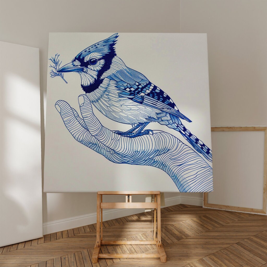 Blue Jay Elegance Intricate Line Interactive Wall Art