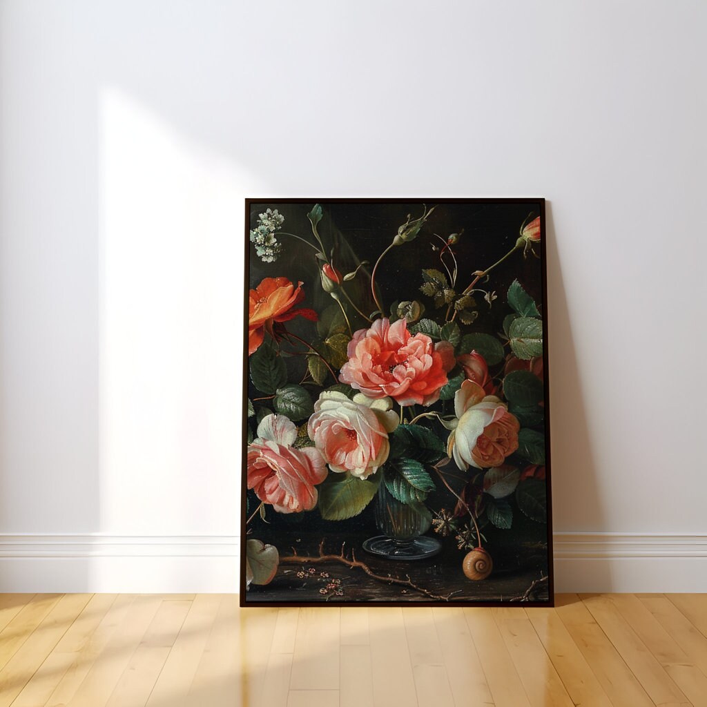 Dutch Master Bouquet Still Life of Pink and White Roses Interactive Wall Art