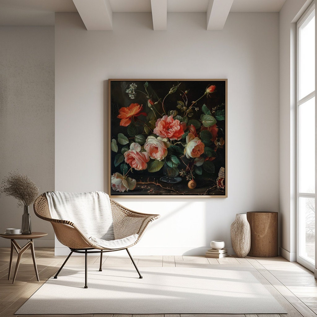 Dutch Master Bouquet Still Life of Pink and White Roses Interactive Wall Art