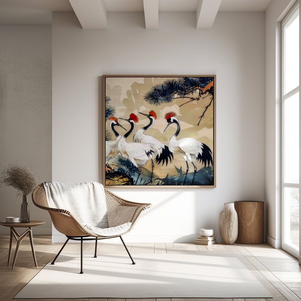 Traditional Chinese Ink Painting of Four Red-Crowned Cranes Interactive Wall Art