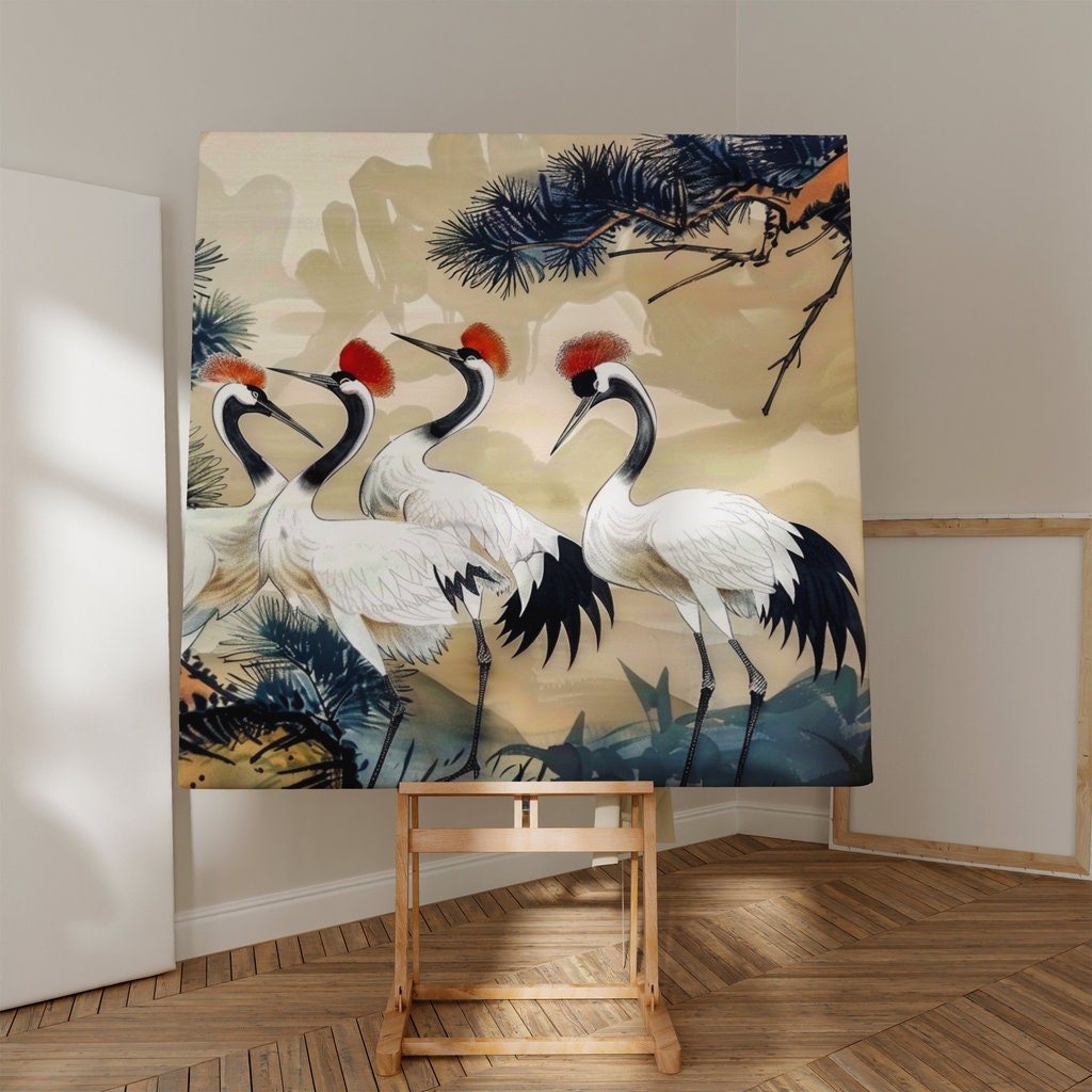 Traditional Chinese Ink Painting of Four Red-Crowned Cranes Interactive Wall Art