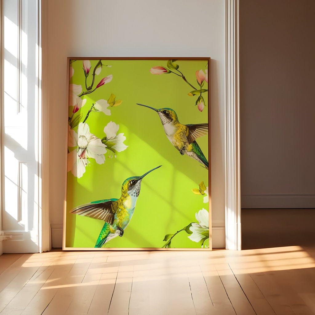 Iridescent Hummingbirds Hovering Amidst Blooming White Magnolia Flowers Interactive Wall Art