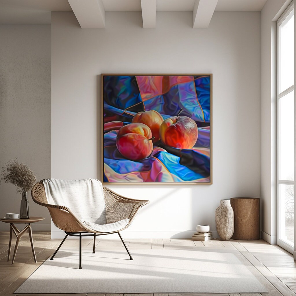 Summer's Blush: Hyperrealistic Peach Still Life | Vibrant & Luscious Fruit Wall Art