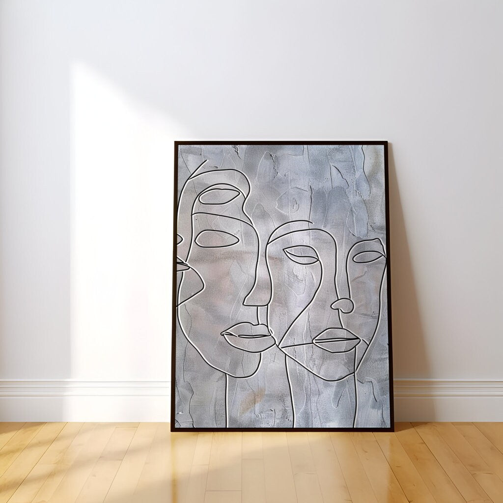 Minimalist Trio  Three Abstract Faces in One Line Drawing Interactive Wall Art