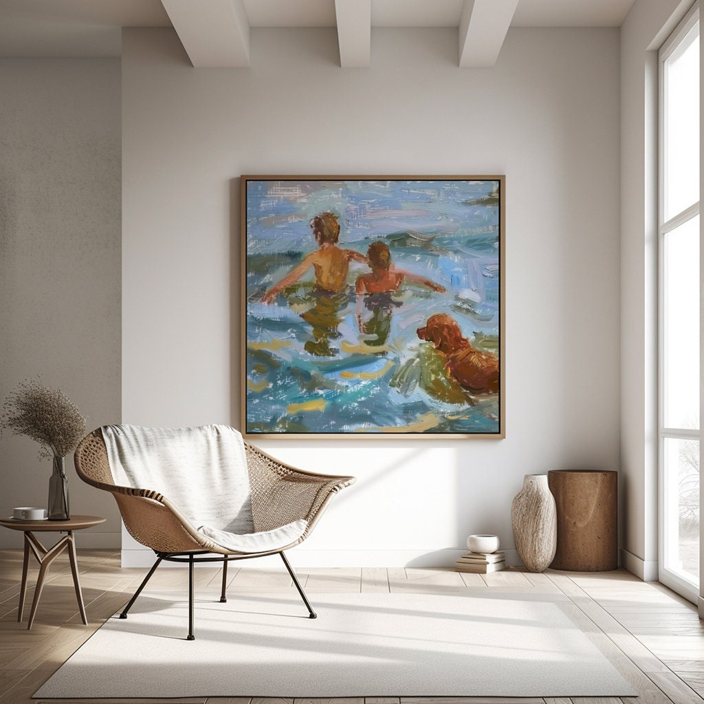 Summer Splash Impressionist Painting of Three Boys Swimming in a Lake with a dog Interactive Wall Art