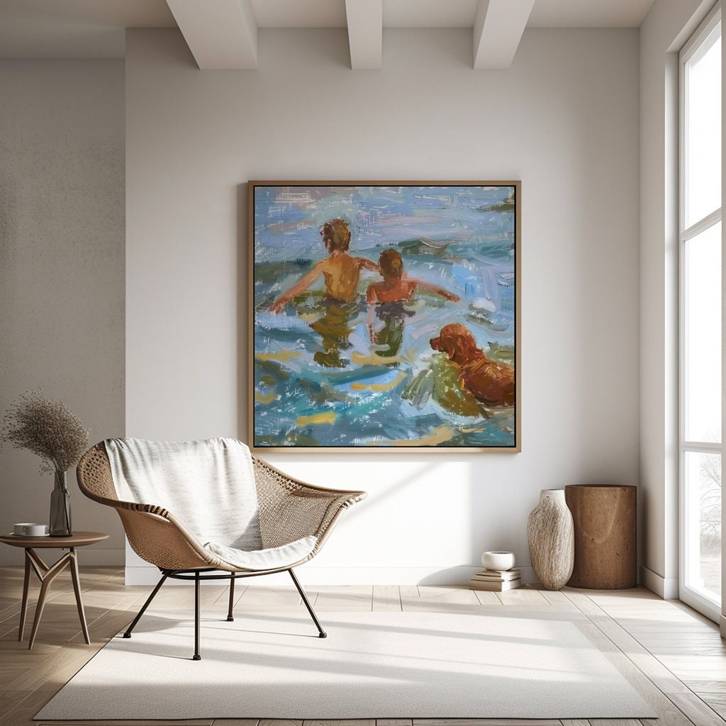 Summer Splash: Impressionist Boys & Dog Swimming in Lake | Nostalgic & Joyful Wall Art
