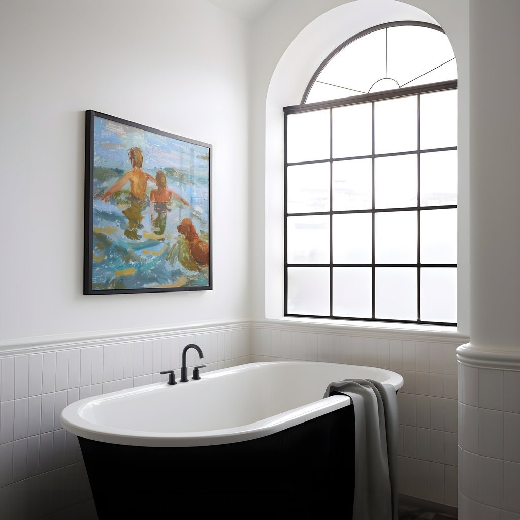 Summer Splash: Impressionist Boys & Dog Swimming in Lake | Nostalgic & Joyful Wall Art