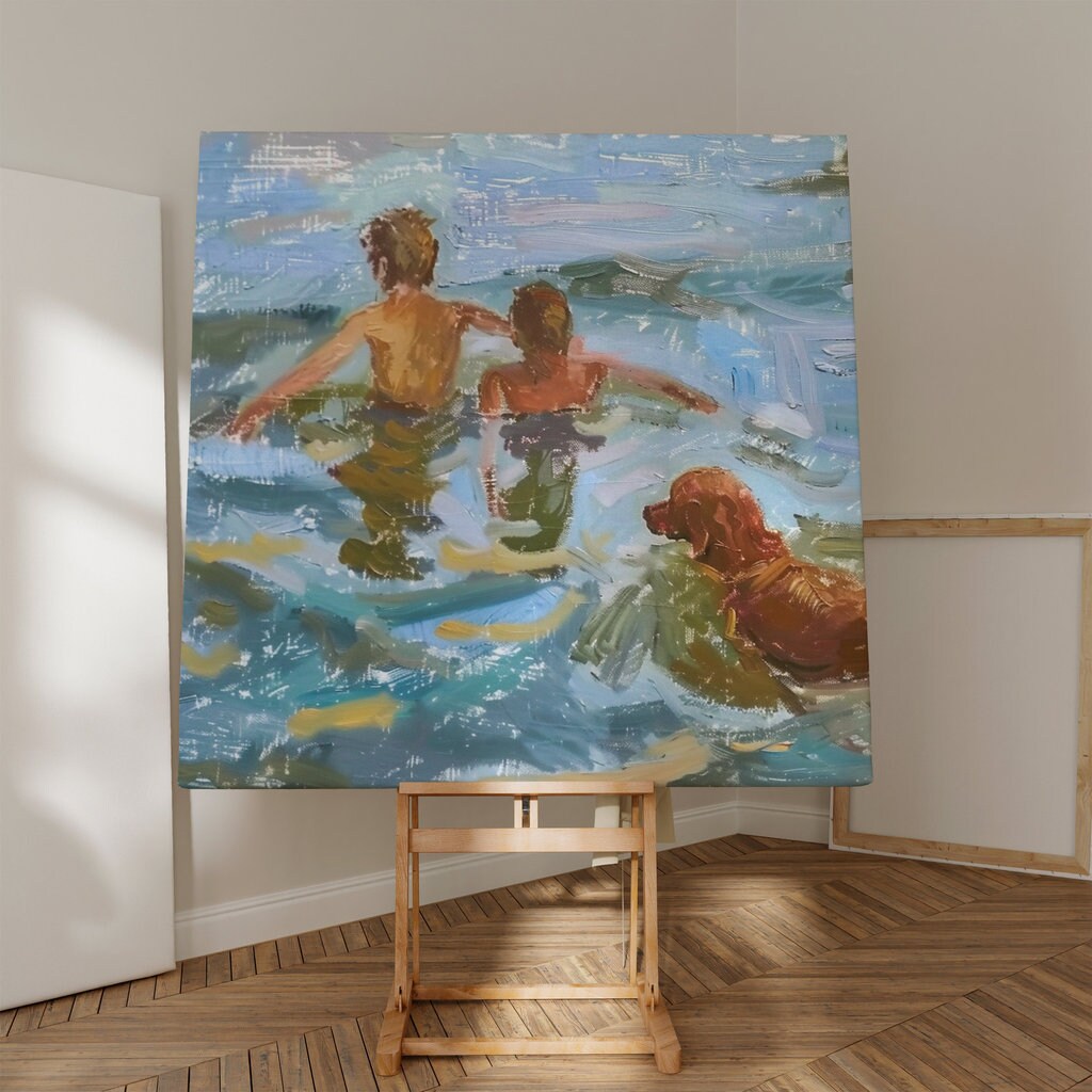 Summer Splash: Impressionist Boys & Dog Swimming in Lake | Nostalgic & Joyful Wall Art