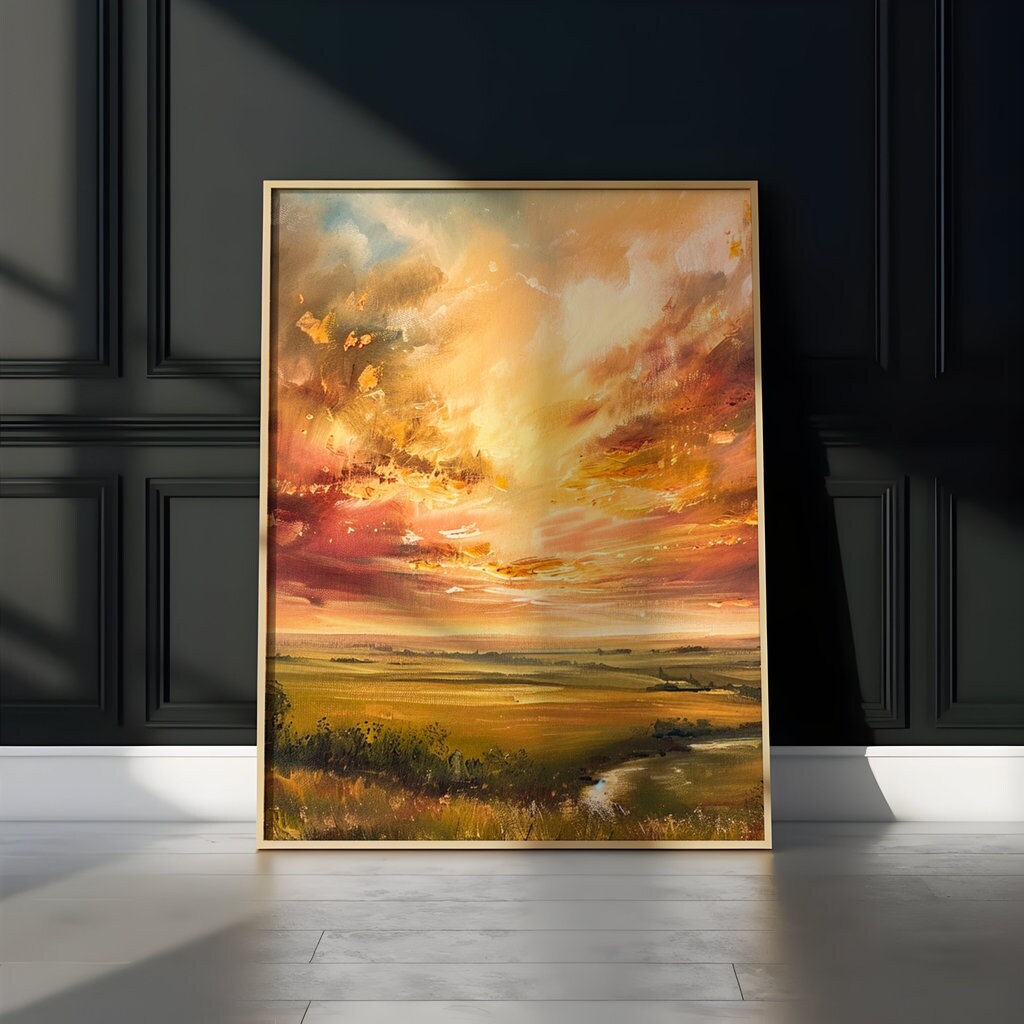 Golden Horizon: Impressionist Sunset Landscape Art | Warm & Serene Rolling Plains Decor