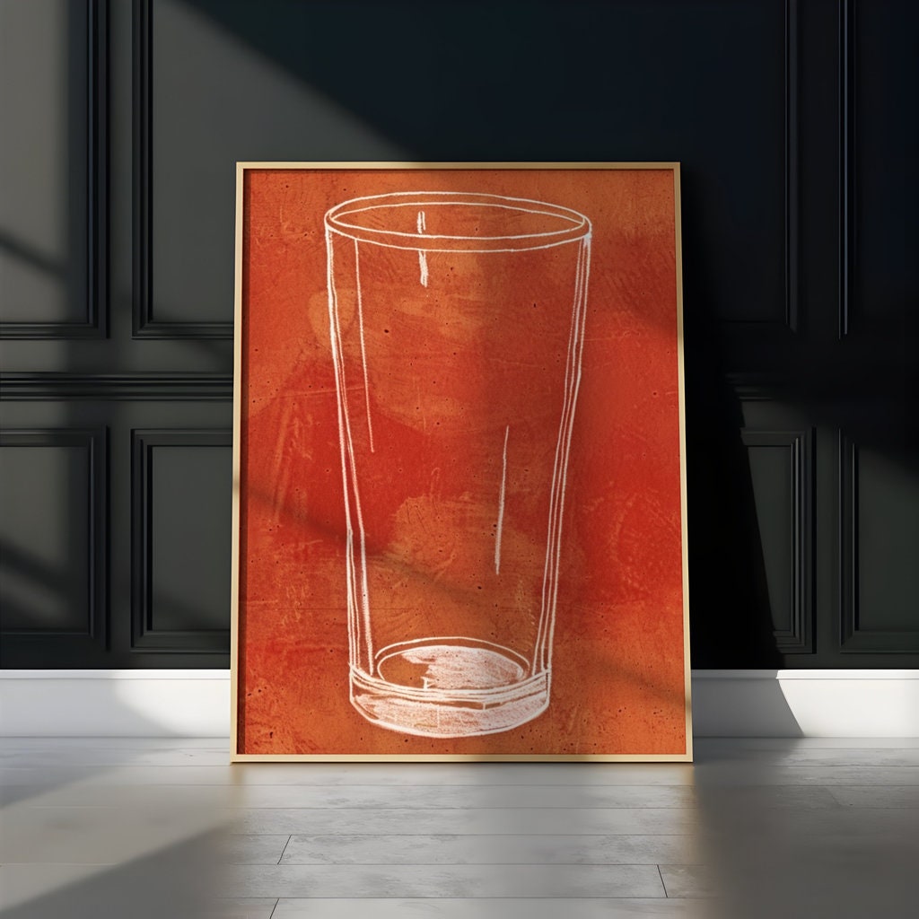 The Last Call: Modern Minimalist Beer Glass Sketch | Rustic Orange & White Wall Art