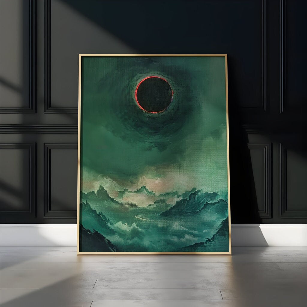 Eclipse of Shadows: Dark Fantasy Solar Eclipse Art | Ethereal Mountain Landscape Decor