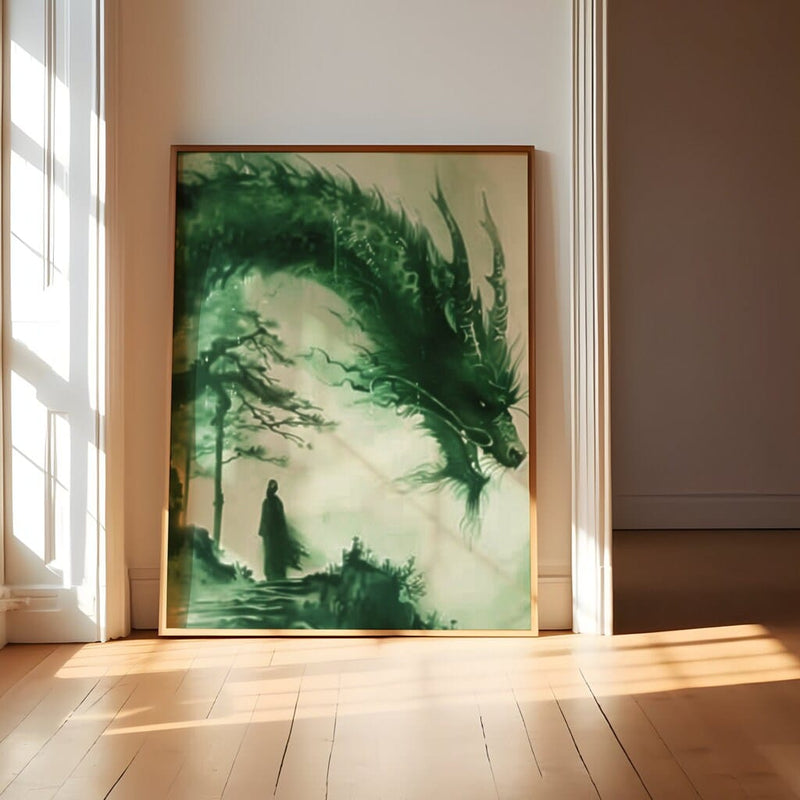 Green Dragon Art – Mystical Forest Decor With Chinese Pagoda & Ethereal Fantasy