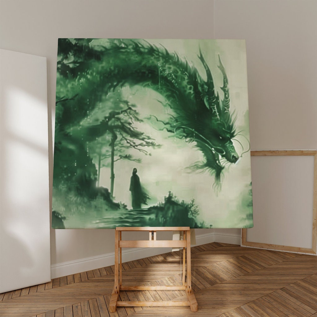 The Jade Dragon: Mystical Forest & Chinese Pagoda Art | Green & Ethereal Fantasy Decor