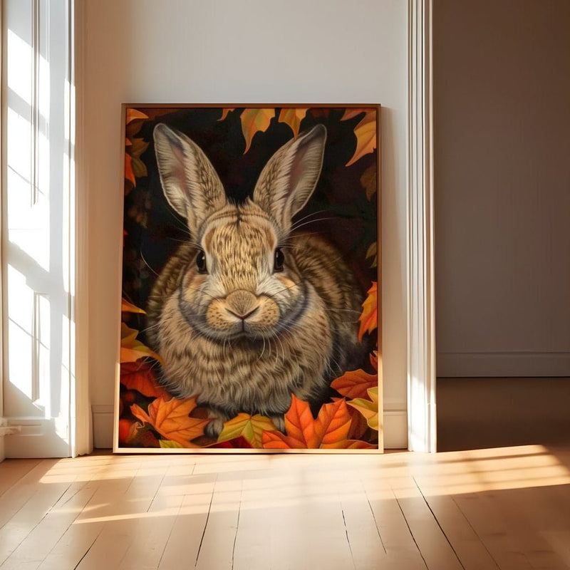 Autumn Rabbit Wall Art – Hyperrealistic Cozy Woodland Animal Decor with Fall Leaves