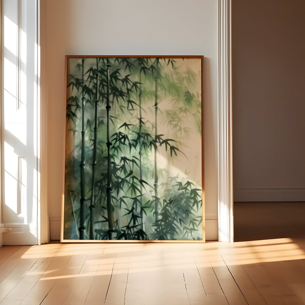 Serene Bamboo Grove: Green Forest Watercolor Print | Zen & Minimalist Japanese Inspired Art