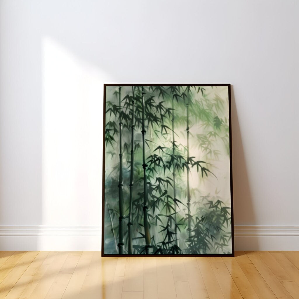 Serene Bamboo Grove: Green Forest Watercolor Print | Zen & Minimalist Japanese Inspired Art