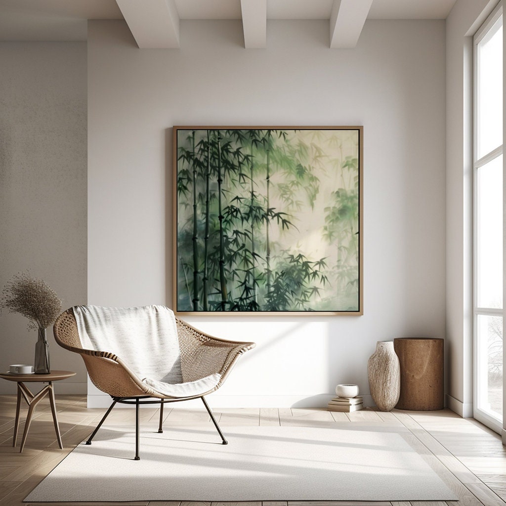 Serene Bamboo Grove: Green Forest Watercolor Print | Zen & Minimalist Japanese Inspired Art