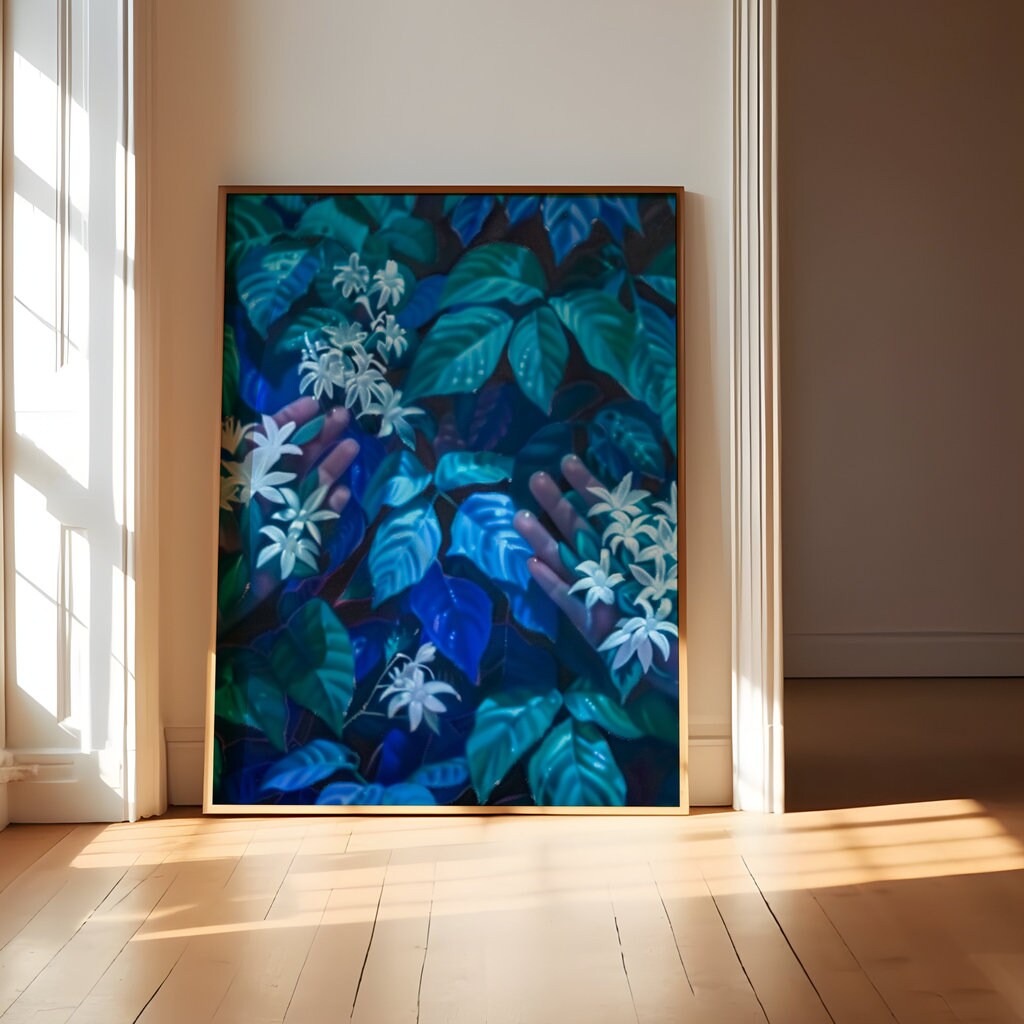 The Offering: Surreal Hands & White Flowers in Lush Foliage | Mystical & Elegant Botanical Art