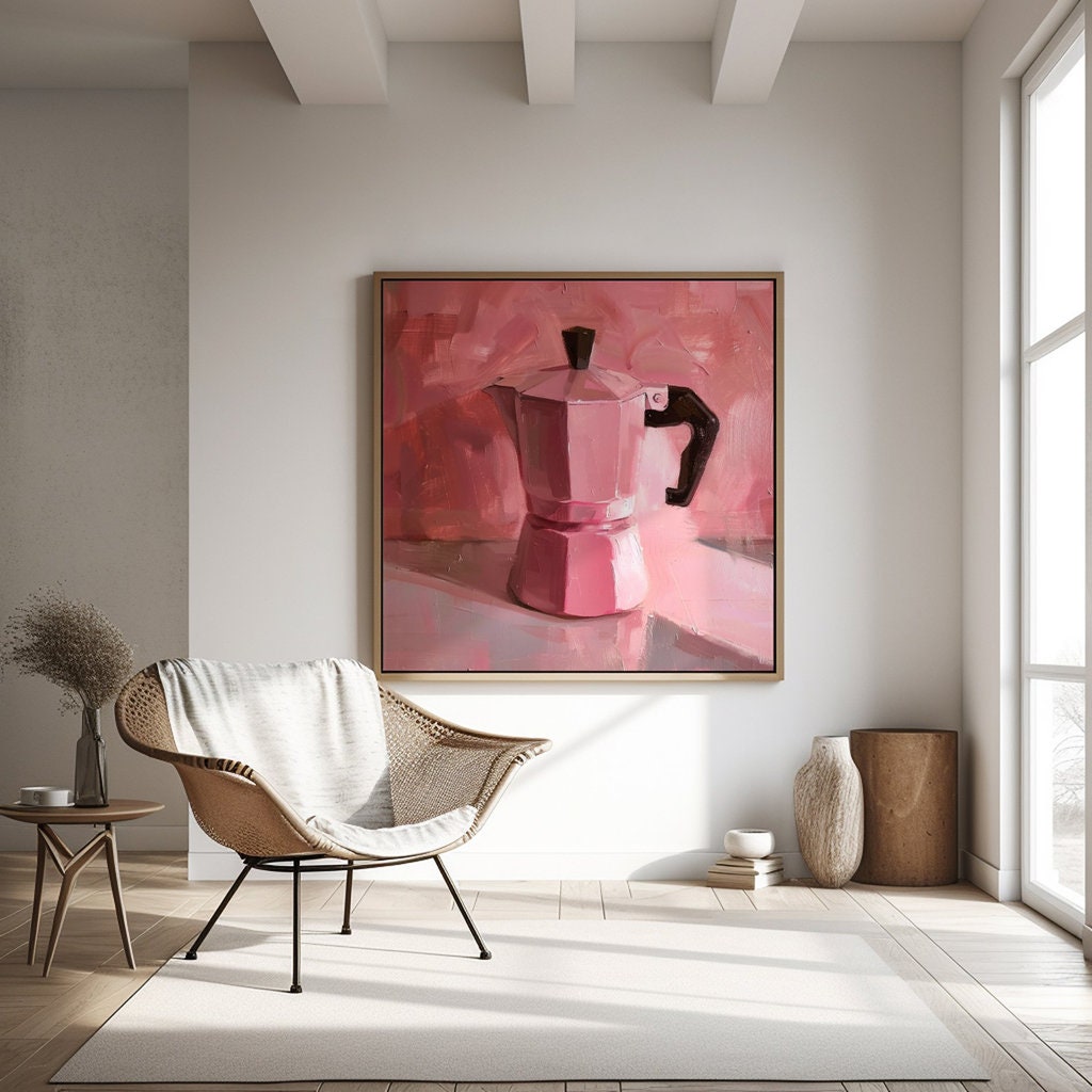 The Morning Ritual: Chic Pink Moka Pot Still Life | Modern Kitchen & Coffee Bar Art