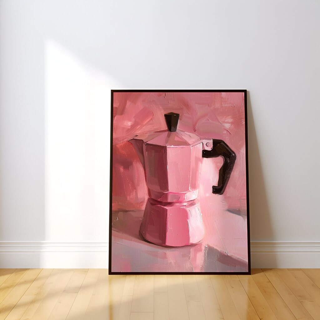 The Morning Ritual: Chic Pink Moka Pot Still Life | Modern Kitchen & Coffee Bar Art