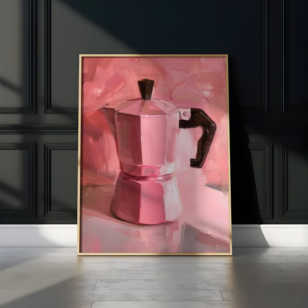 The Morning Ritual: Chic Pink Moka Pot Still Life | Modern Kitchen & Coffee Bar Art