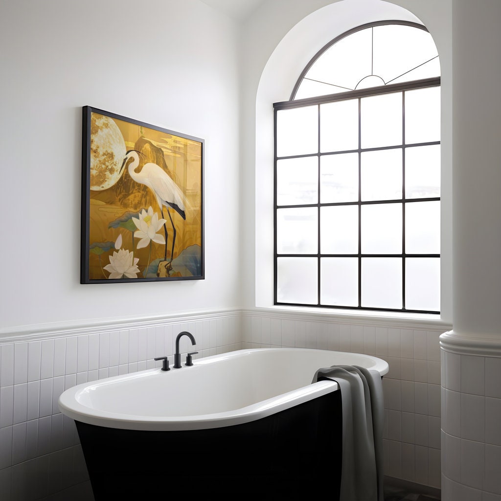 Moonlit Heron: Traditional Chinese Art with Lotus & Moon | Elegant & Serene Wall Decor