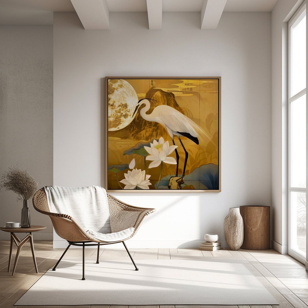 Moonlit Heron: Traditional Chinese Art with Lotus & Moon | Elegant & Serene Wall Decor