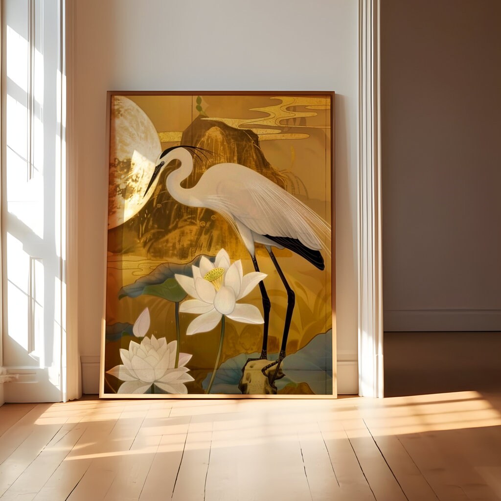 Moonlit Heron: Traditional Chinese Art with Lotus & Moon | Elegant & Serene Wall Decor