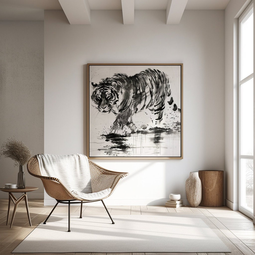 The Water Strider: Sumi-e Tiger in Water Art | Black & White Traditional Asian Ink Painting