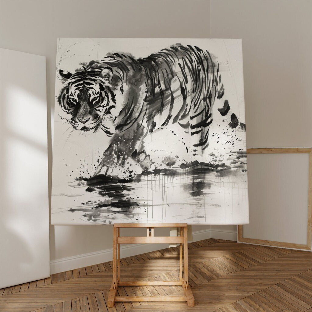 The Water Strider: Sumi-e Tiger in Water Art | Black & White Traditional Asian Ink Painting