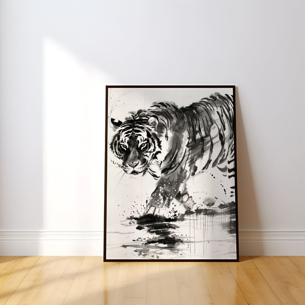 The Water Strider: Sumi-e Tiger in Water Art | Black & White Traditional Asian Ink Painting