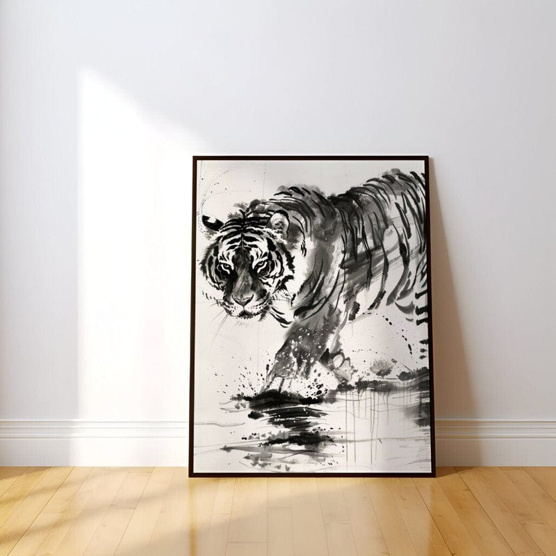 Sumi-E Tiger Painting – Traditional Asian Art | Black & White Ink Wall Art