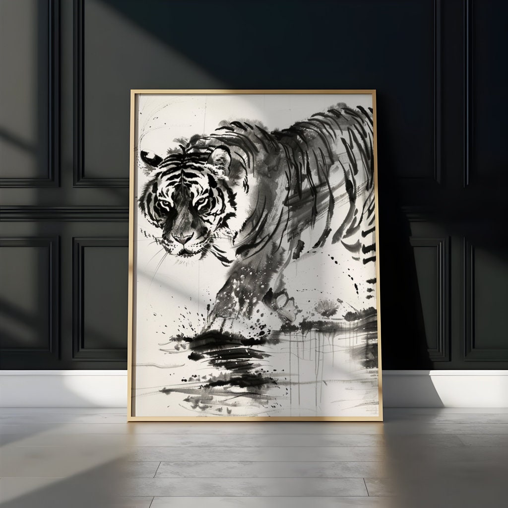 The Water Strider: Sumi-e Tiger in Water Art | Black & White Traditional Asian Ink Painting