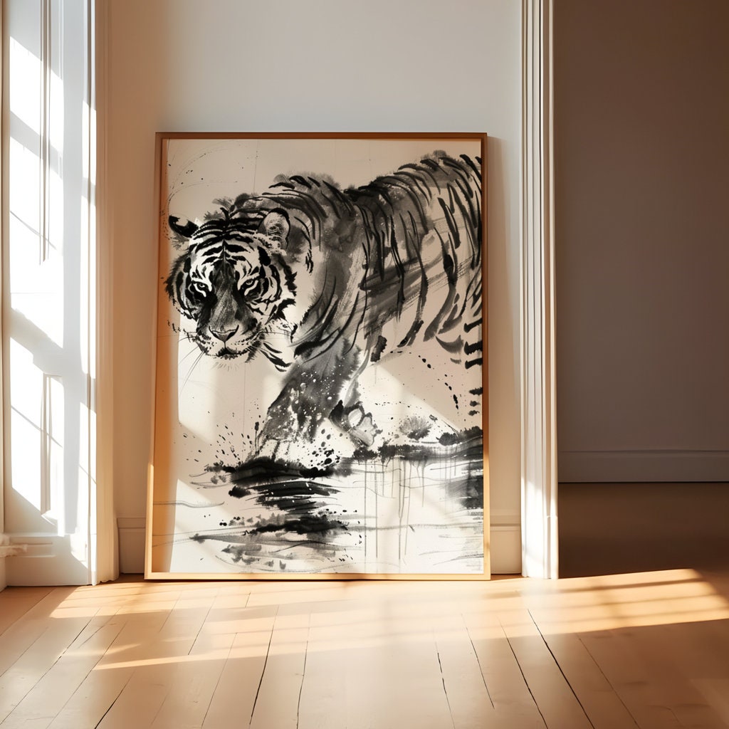 The Water Strider: Sumi-e Tiger in Water Art | Black & White Traditional Asian Ink Painting