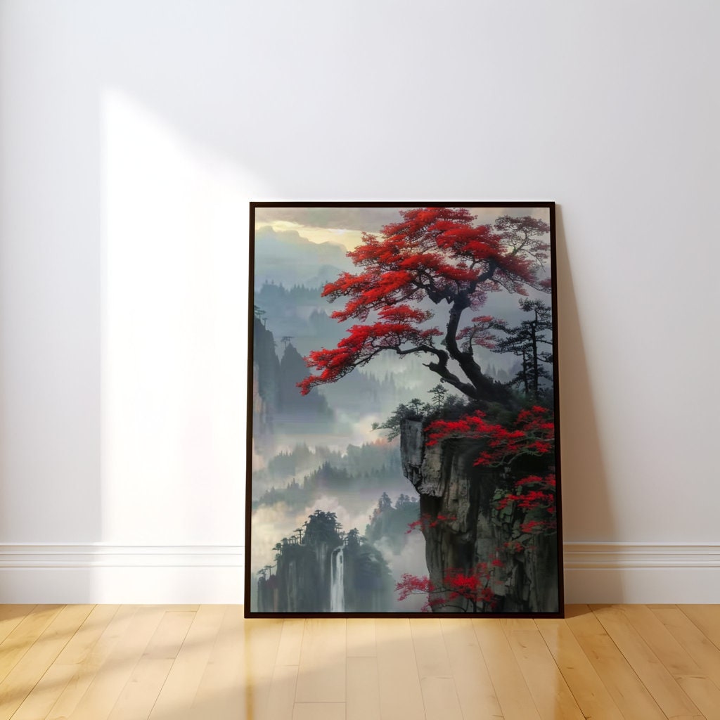 Ethereal Peaks: Chinese Mountain Landscape with Red Tree & Waterfall | Serene & Traditional Asian Art