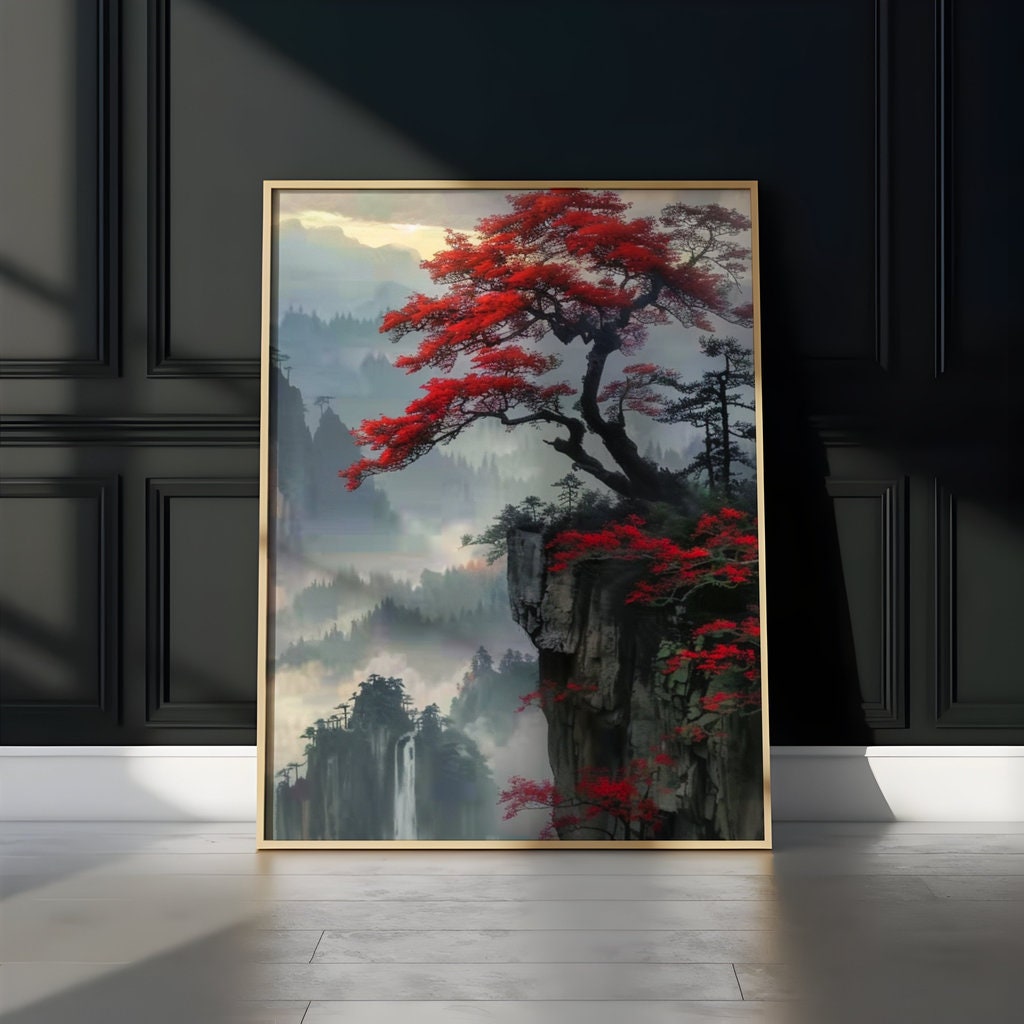 Ethereal Peaks: Chinese Mountain Landscape with Red Tree & Waterfall | Serene & Traditional Asian Art