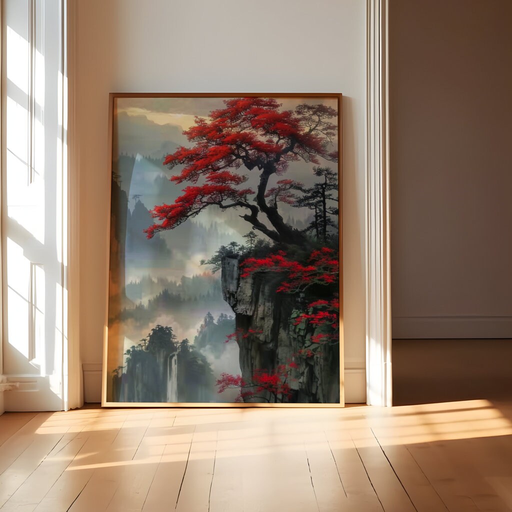 Ethereal Peaks: Chinese Mountain Landscape with Red Tree & Waterfall | Serene & Traditional Asian Art