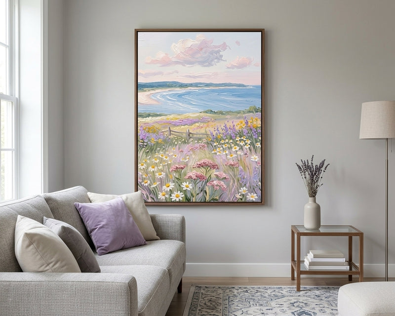 Lavender Field Ocean View Art Print, Impressionist Wildflower Coastal Landscape Painting, Serene Pastel Nature Wall Art Canvas