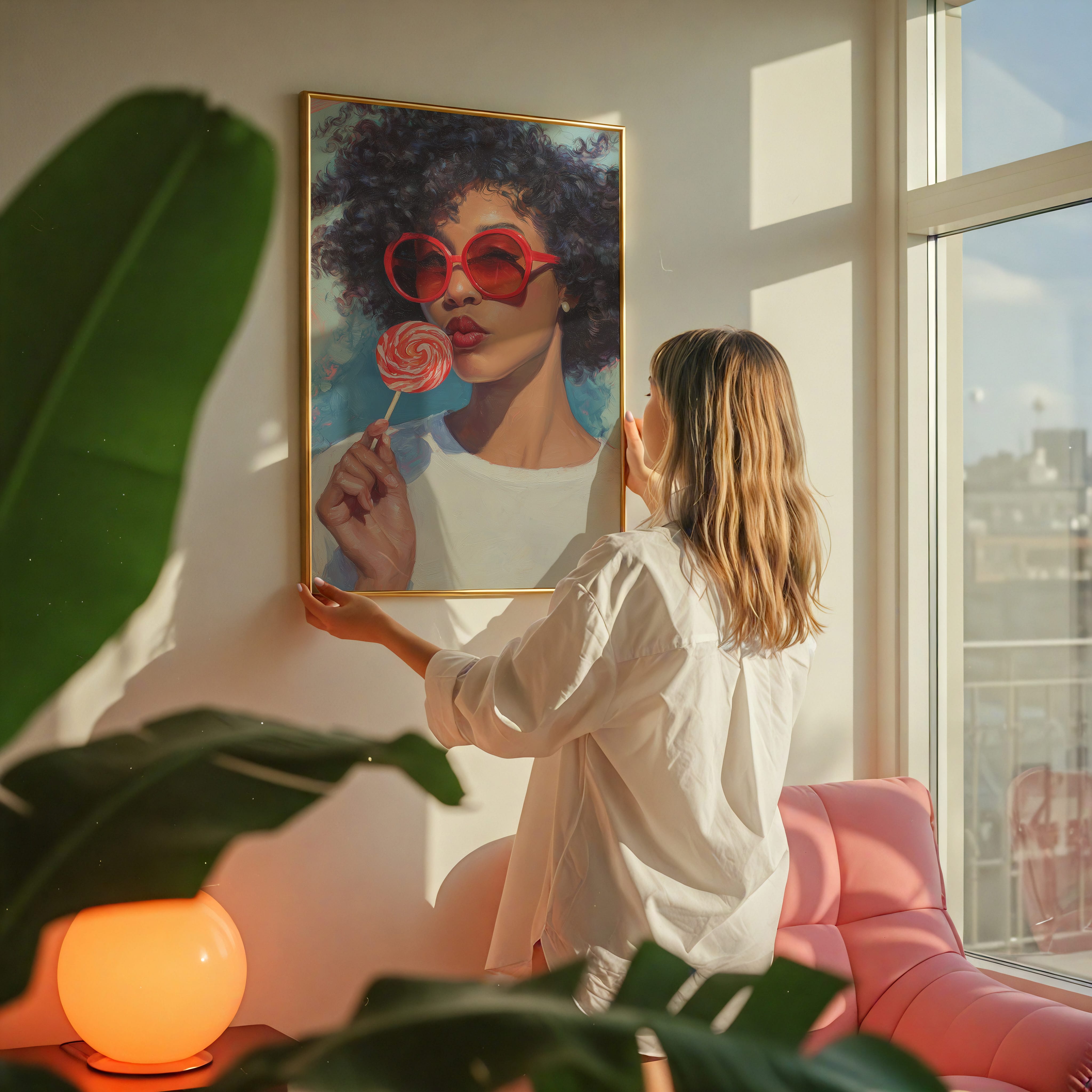 Retro Black Woman Wall Art - Afro Oil Painting | Red Lollipop Portrait | Playful Kitchen Decor