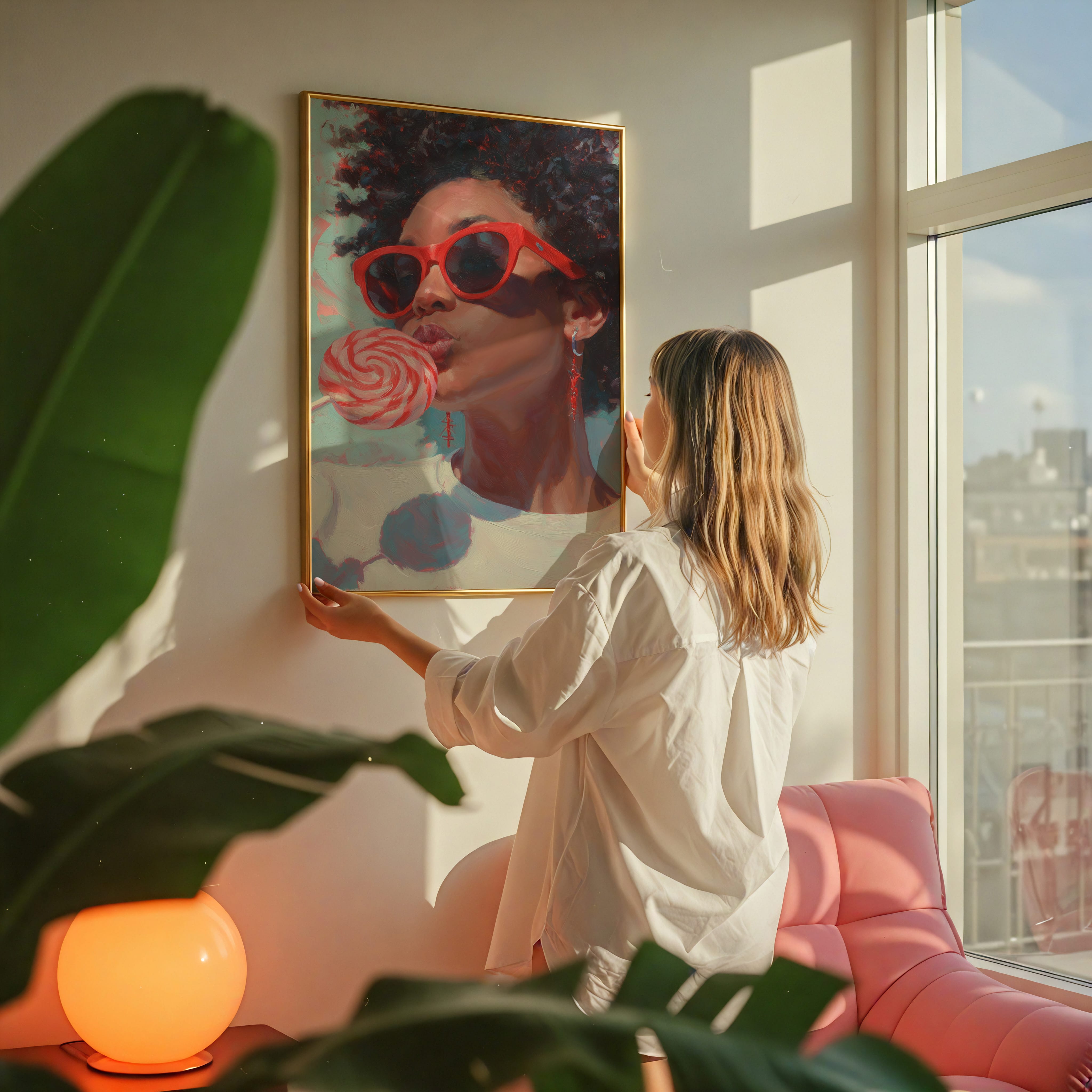 Retro Black Woman Wall Art – Red Lollipop Portrait | Afro Oil Painting Canvas