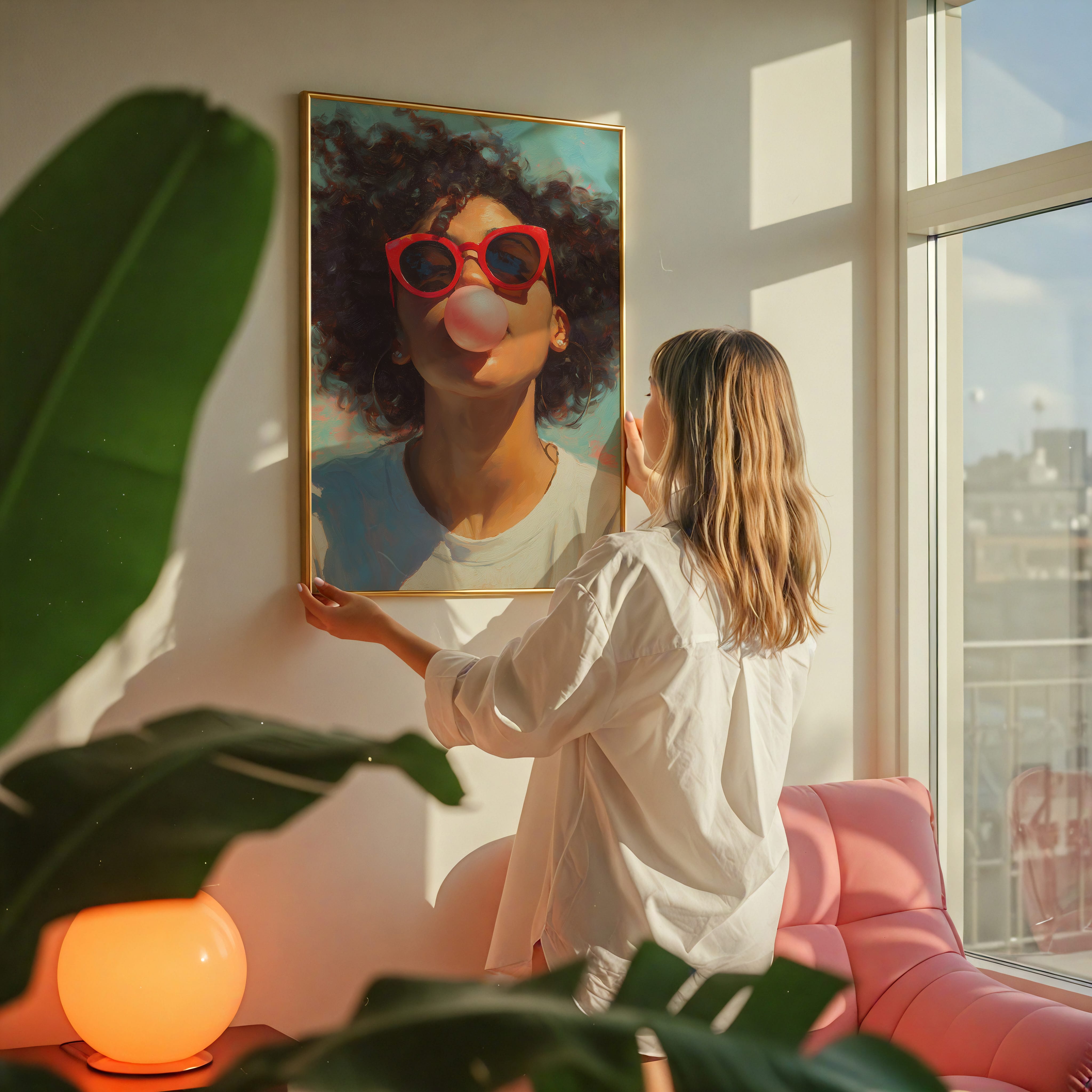 Retro Afro Portrait Print - Black Woman Bubble Gum Art | Red Cat Eye Sunglasses