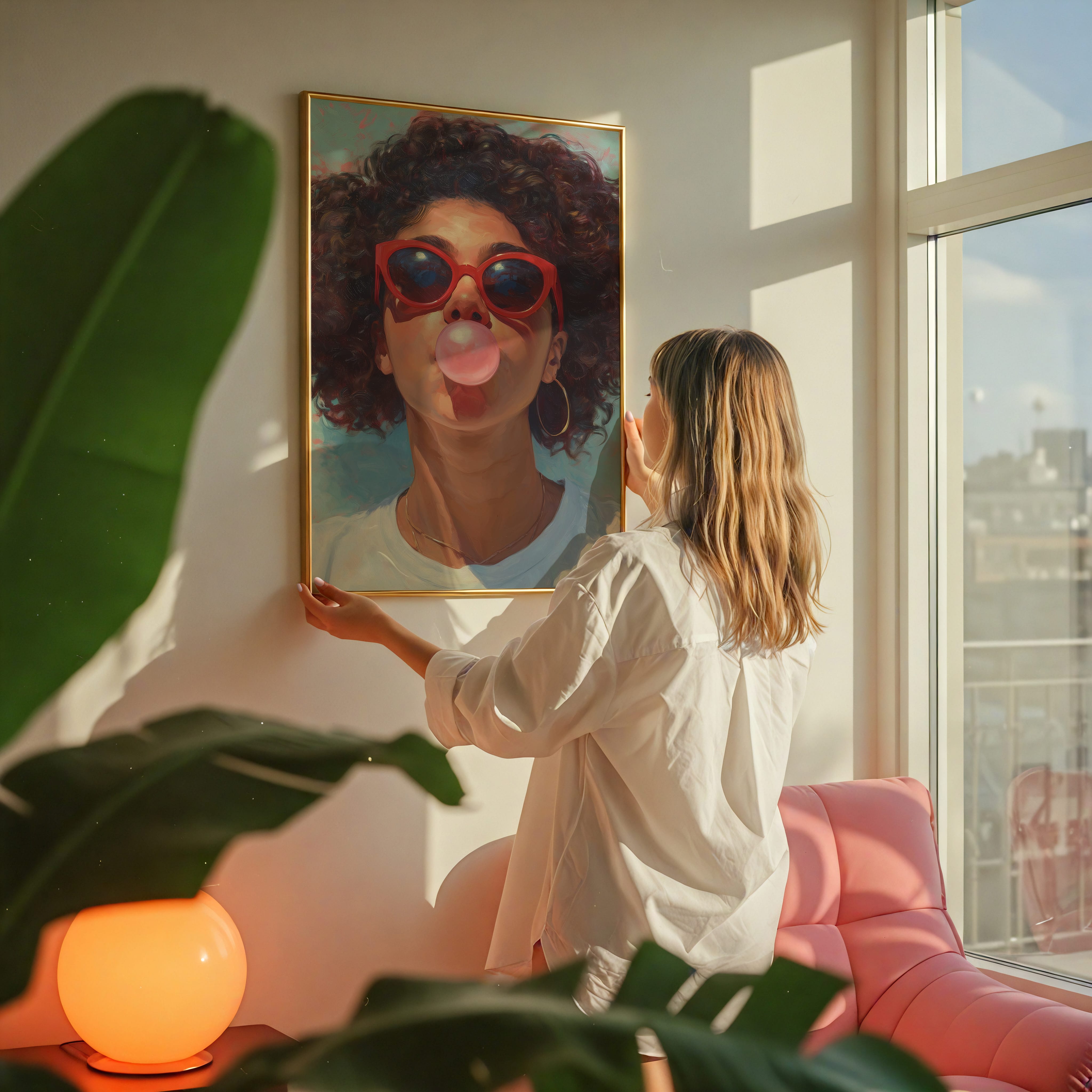 Retro Afro Portrait - Black Woman Bubble Gum Art | Red Cat Eye Sunglasses | Teal Kitchen Wall Decor